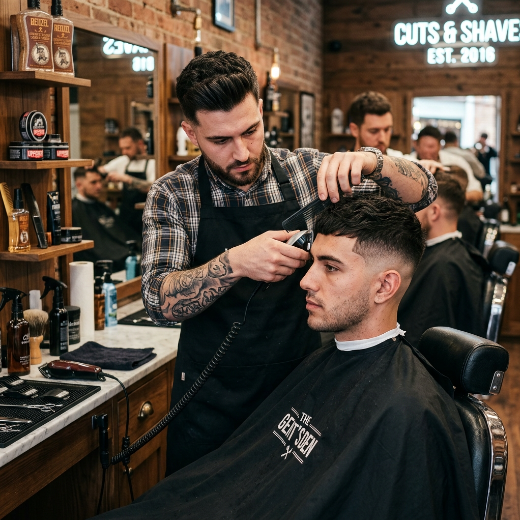 Barber creating client haircut