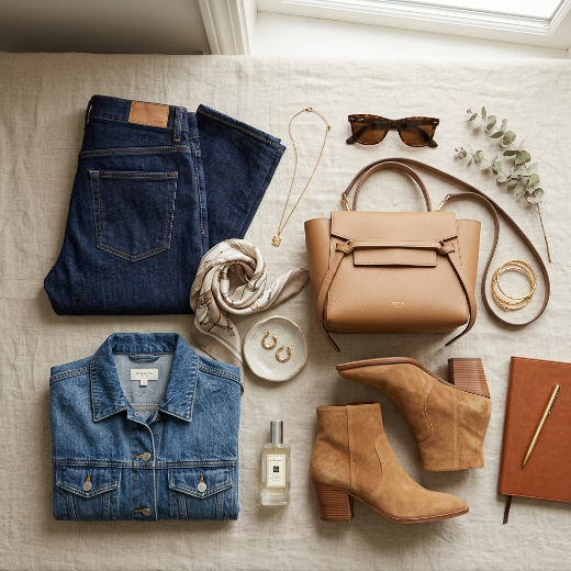 Flat lay featuring denim
