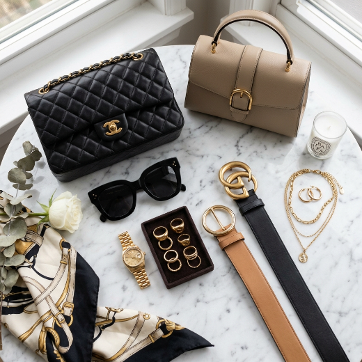 Luxury accessories flat lay