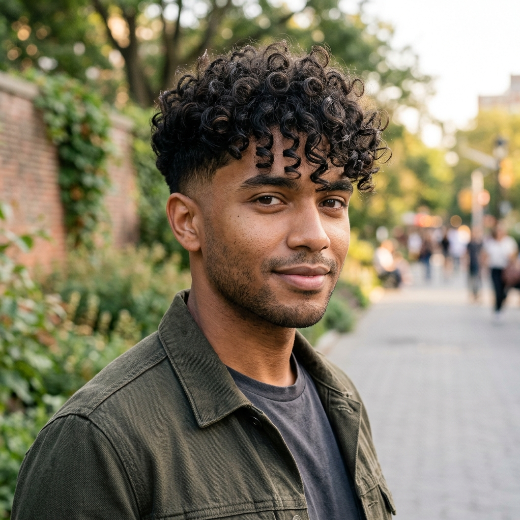 Men's curly fringe haircut
