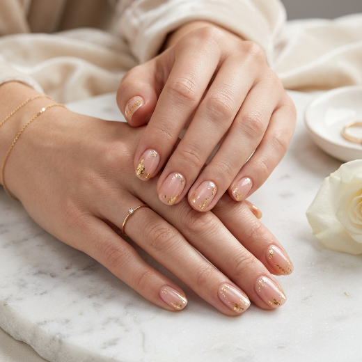 Nude manicure featuring gold foil