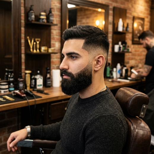 Skin fade connected to a full beard