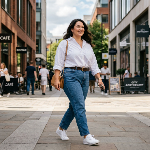 Woman walking city street