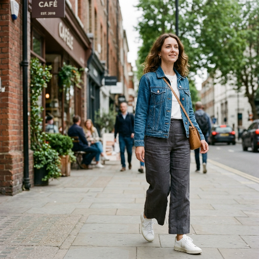denim jacket over neutral outfit