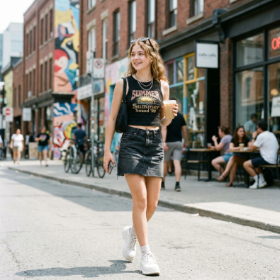 graphic tank top and mini skirt