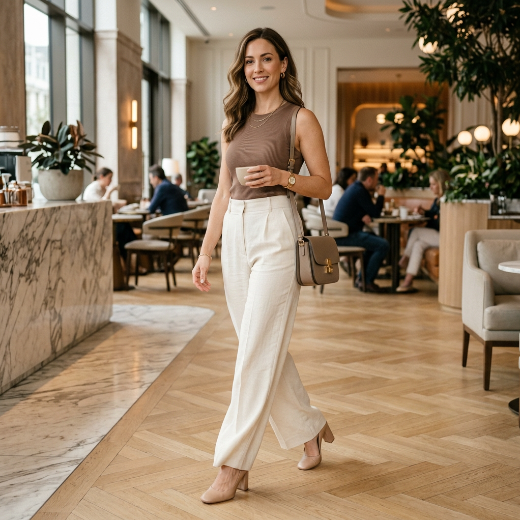 neutral-toned trouser outfit