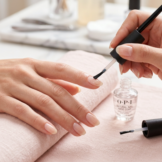 applying base coat to natural nails