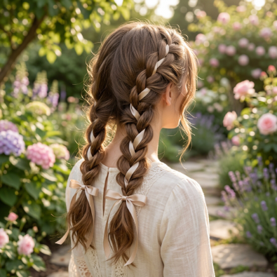 ribbon braided pigtails