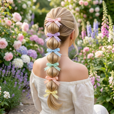bubble ponytail with ribbon bows
