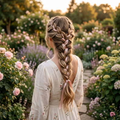French braid with satin ribbon