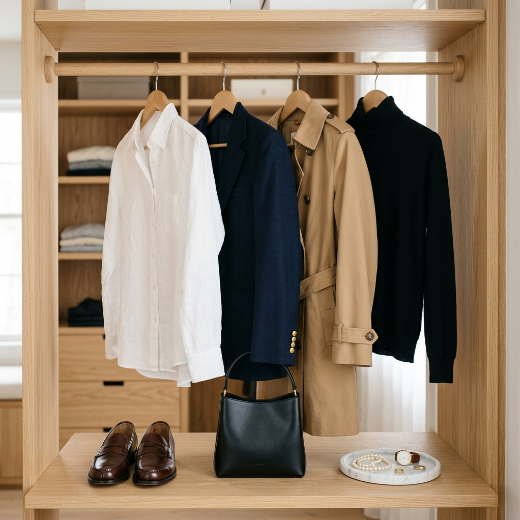 white linen shirt, a navy structured blazer